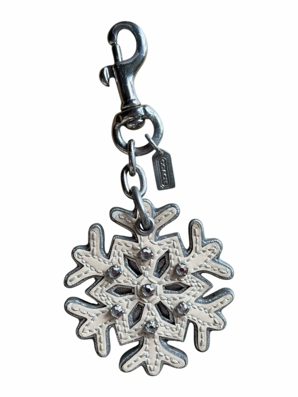 Coach 2009 Snowflake Crystal Leather Bag Charm Keychain Silver White Y2K
